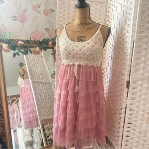 Pink Layered Tulle Dress with Crochet Top
